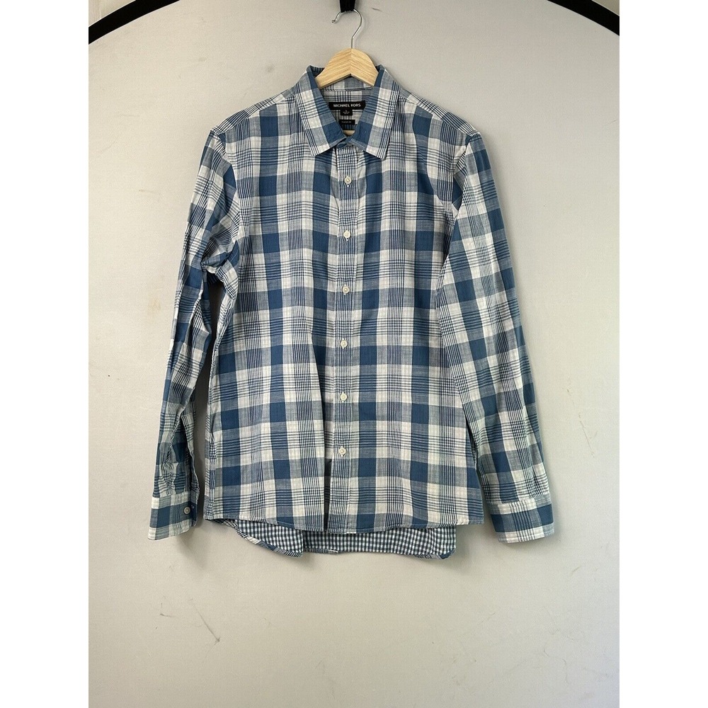 Michael Kors 100% Cotton Blue Plaid Convertible Sleeve Button Down Shirt SZ‎ L
